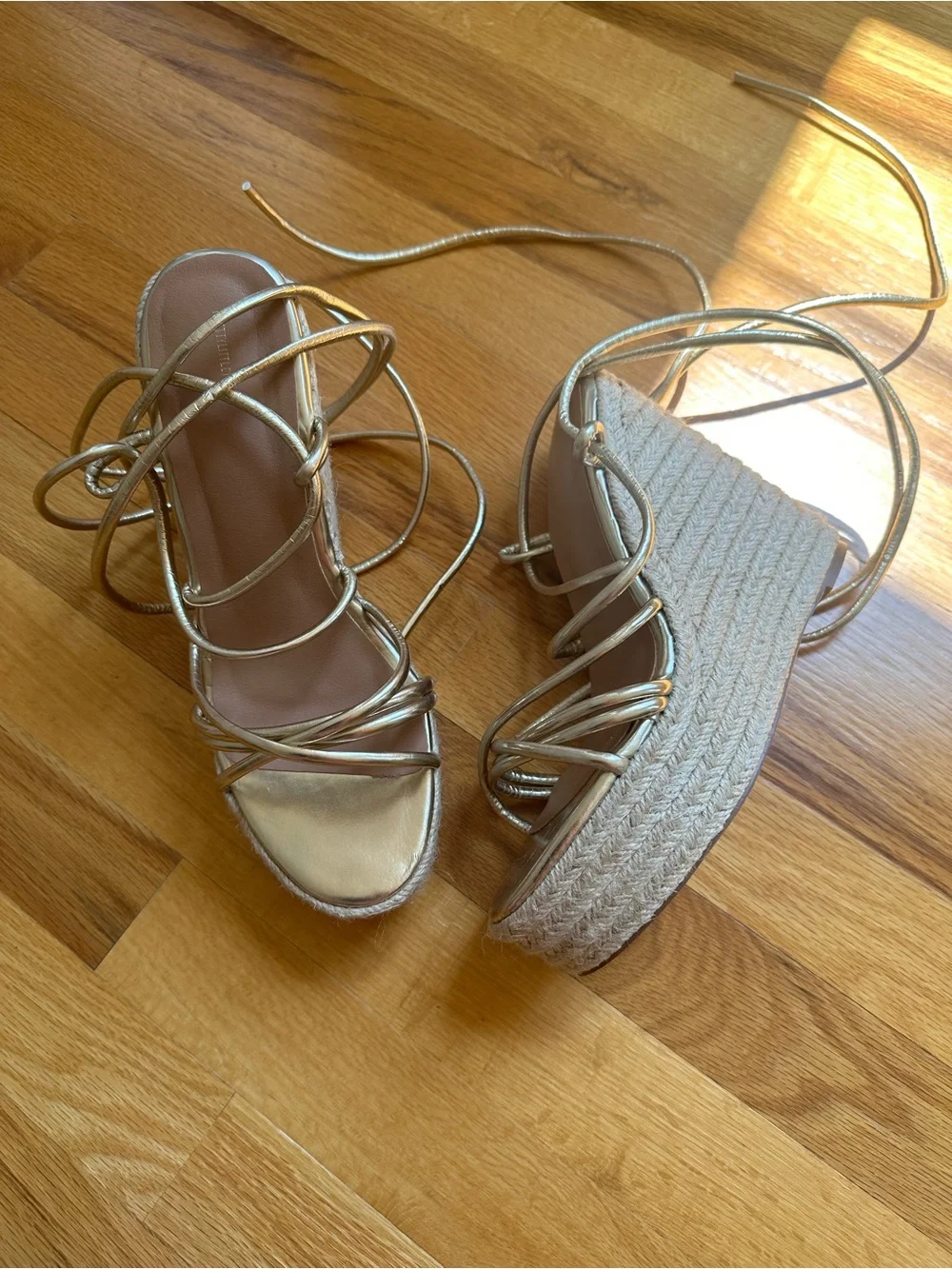 PrettyLittleThing Gold Espadrille Wedge Lace-Up Sandals - Women's